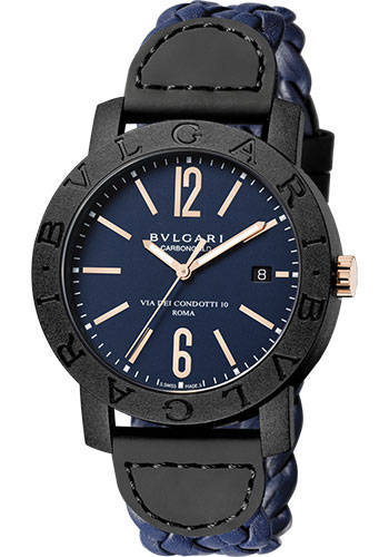 Bvlgari Bulgari Bulgari Carbon Gold Watch - 40 mm Carbon And Gold Case - Blue Dial - Woven Leather Strap