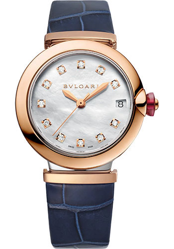 Bvlgari Lvcea Watch - 33 mm Rose Gold And Steel Case - White Mother-Of-Pearl Dial - Blue Alligator Strap