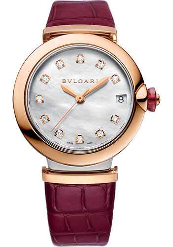 Bvlgari Lvcea Watch - 33 mm Rose Gold And Steel Case - White Mother-Of-Pearl Dial - Burgundy Alligator Strap