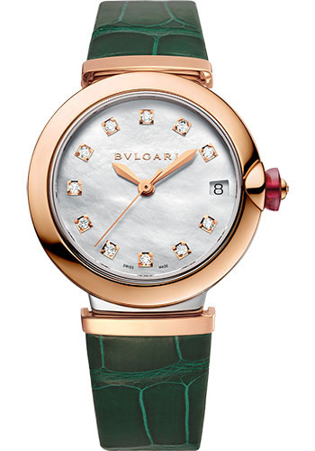 Bvlgari Lvcea Watch - 33 mm Rose Gold And Steel Case - White Mother-Of-Pearl Dial - Green Alligator Strap