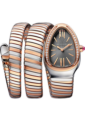 Bvlgari Serpenti Tubogas Watch - 35 mm Stainless Steel Case - Rose Gold Diamond Bezel - Grey Dial - Tubogas Double Spiral Steel And Gold Bracelet