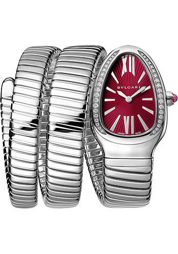 Bvlgari Serpenti Tubogas Watch - 35 mm Stainless Steel Case - Diamond Bezel - Red Dial - Tubogas Double Spiral Steel Bracelet