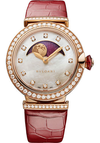 Bvlgari Lvcea Watch - 36 mm Rose Gold Case - Heart Of Ruby Dial - Red Alligator Strap