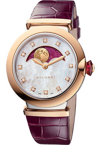 Bvlgari Lvcea Watch - 36 mm Stainless Steel Case - Rose Gold Bezel - Heart Of Ruby Dial - Purple Alligator Strap