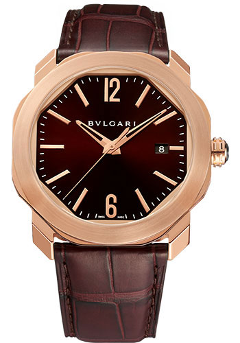 Bvlgari Octo Roma Watch - 41 mm Rose Gold Case - Dark Brown Dial - Brown Alligator Strap
