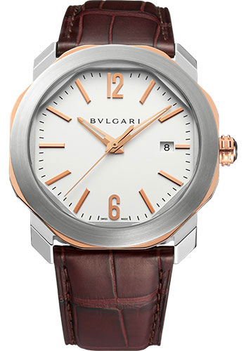 Bvlgari Octo Roma Watch - 41 mm Steel And Rose Gold Case - Silver Dial - Brown Alligator Strap