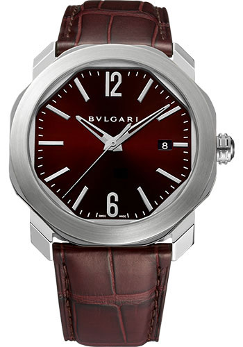 Bvlgari Octo Roma Watch - 41 mm Stainless Steel Case - Dark Brown Dial - Brown Alligator Strap
