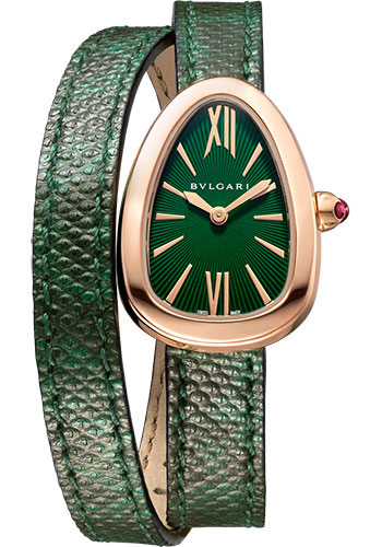 Bvlgari Serpenti Watch - 27 mm Rose Gold Case - Green Dial - Double Spiral Green Karung Strap