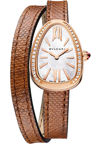 Bvlgari Serpenti Watch - 27 mm Rose Gold Case - White Mother-Of-Pearl Dial - Double Spiral Brown Karung Strap
