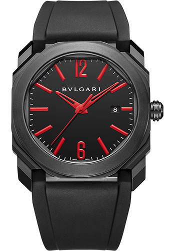 Bvlgari Octo Watch - 41 mm Black Steel Case - Black Red Index Dial - Black Rubber Strap