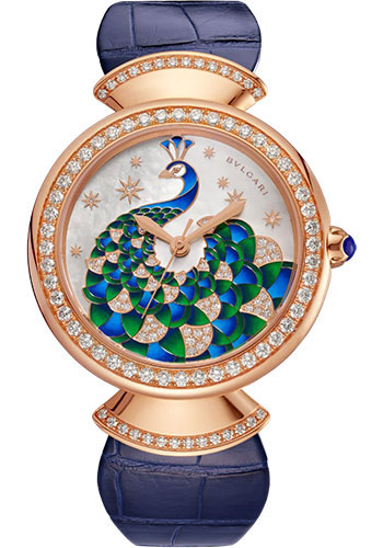 Bvlgari Divas’ Dream Watch - 37 mm Rose Gold Case - Mother-Of-Pearl Dial - Dark Blue Alligator Strap