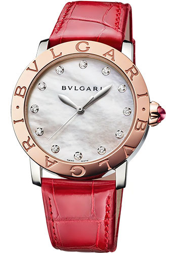 Bvlgari Bvlgari Bvlgari Watch - 37 mm Stainless Steel and Rose Gold Case - White Mother-Of-Pearl Dial - Shiny Red Alligator Strap