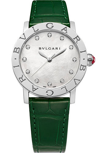 Bvlgari Bvlgari Bvlgari Watch - 33 mm Stainless Steel Case - White Mother-Of-Pearl Dial - Shiny Green Alligator Strap