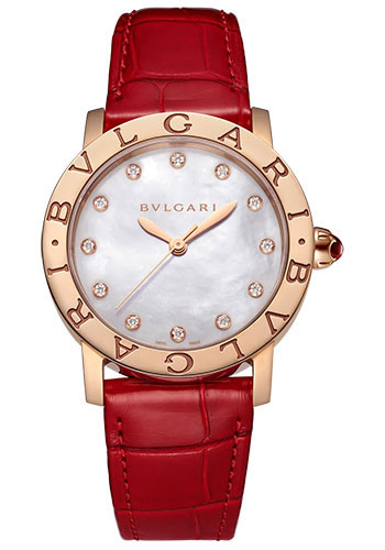Bvlgari Bvlgari Bvlgari Watch - 33 mm Rose Gold Case - White Mother-Of-Pearl Dial - Shiny Red Alligator Strap