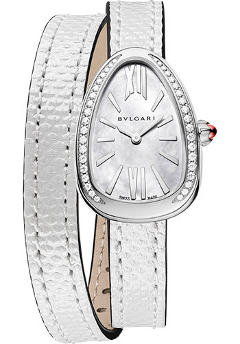 Bvlgari Serpenti Watch - 27 mm Stainless Steel Case - White Mother-Of-Pearl Dial - Double Spiral White Karung Strap