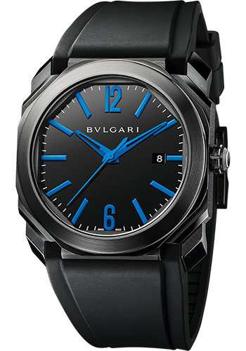 Bvlgari Octo Watch - 41 mm Black Steel Case - Black Blue Index Dial - Rubber Strap