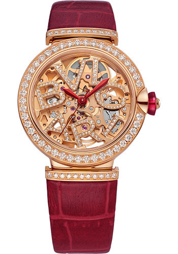 Bvlgari Lvcea Watch - 33 mm Rose Gold And Diamond Case - Openwork Bvlgari Logo Dial - Red Alligator Strap