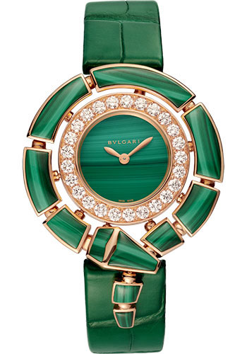 Bvlgari Serpenti Incantati Watch - 37 mm Rose Gold Case - Malachite Dial - Green Alligator Strap