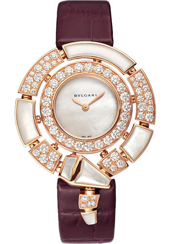 Bvlgari Serpenti Incantati Watch - 37 mm Rose Gold Case - Mother-Of-Pearl Dial - Purple Alligator Strap