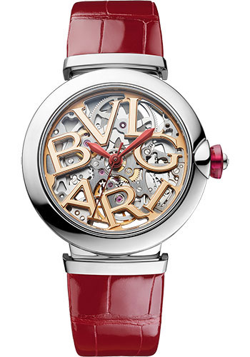 Bvlgari Lvcea Watch - 33 mm Stainless Steel Case - Openwork Bvlgari Logo Dial - Red Alligator Strap