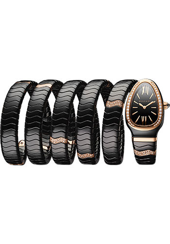 Bvlgari Serpenti Spiga Watch - 35 mm Black Ceramic Case - Rose Gold Diamond Bezel - Black Dial - Spiga Five-Spiral Ceramic Bracelet