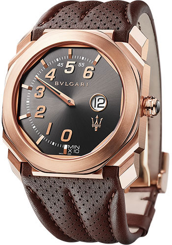 Bvlgari Octo Maserati Granlusso Watch - 41 mm Rose Gold Case - Anthracite Dial - Brown Leather Strap
