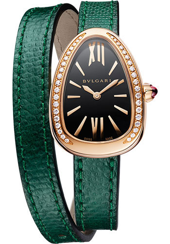 Bvlgari Serpenti Watch - 32 mm Rose Gold Case - Black Dial - Double Spiral Green Karung Strap