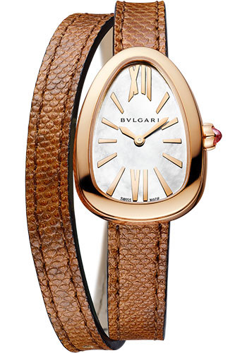 Bvlgari Serpenti Watch - 32 mm Rose Gold Case - White Mother-Of-Pearl Dial - Double Spiral Brown Karung Strap