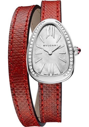 Bvlgari Serpenti Watch - 32 mm Stainless Steel Case - White Mother-Of-Pearl Dial - Double Spiral Red Karung Strap