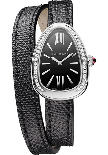 Bvlgari Serpenti Watch - 32 mm Stainless Steel Case - Black Dial - Double Spiral Black Karung Strap
