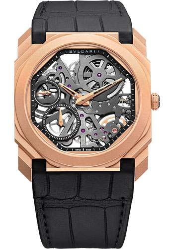 Bvlgari Octo Finissimo Watch - 40 mm Sandblasted Rose Gold Case - Skeletonized Dial - Black Alligator Strap