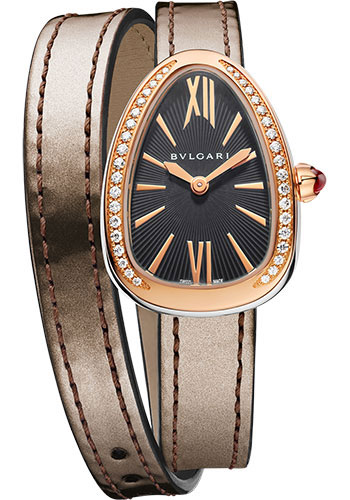 Bvlgari Serpenti Watch - 27 mm Stainless Steel Case - Rose Gold Diamond Bezel - Grey Dial - Double Spiral Antique Bronze Leather Strap