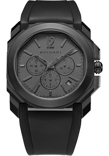 Bvlgari Octo Chronograph Watch - 41 mm Black Steel Case - Grey Dial - Black Rubber Strap