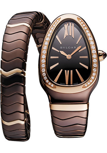Bvlgari Serpenti Watch - 35 mm Treated Ceramic Case - Rose Gold Diamond Bezel - Brown Dial - Spiga Single-Spiral Ceramic Bracelet