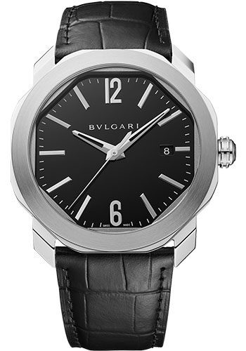 Bvlgari Octo Roma Watch - 41 mm Stainless Steel Case - Black Dial - Black Alligator Strap