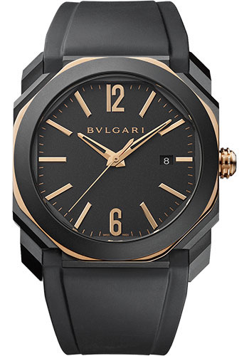Bvlgari Octo Watch - 41 mm Sandblasted Black Steel And Gold Case - Anthracite Pink Gold Index Dial - Rubber Strap