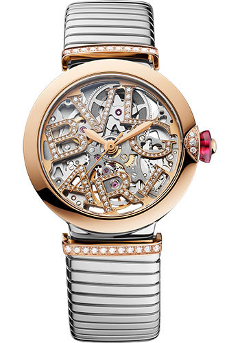 Bvlgari Lvcea Watch - 33 mm Stainless Steel Case - Rose Gold Diamond Bezel - Rose Gold Openwork Bvlgari Logo Dial - Steel And Gold Bracelet
