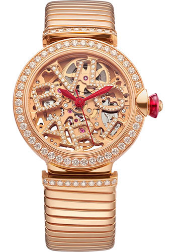 Bvlgari Lvcea Watch - 33 mm Rose Gold Case - Diamond Bezel - Rose Gold Openwork Bvlgari Logo Dial - Bracelet