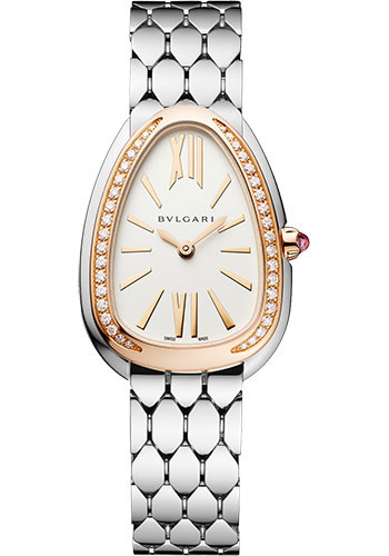 Bvlgari Serpenti Seduttori Watch - 33 mm Stainless Steel Case - Rose Gold Diamond Bezel - White Silver Dial - Steel Bracelet