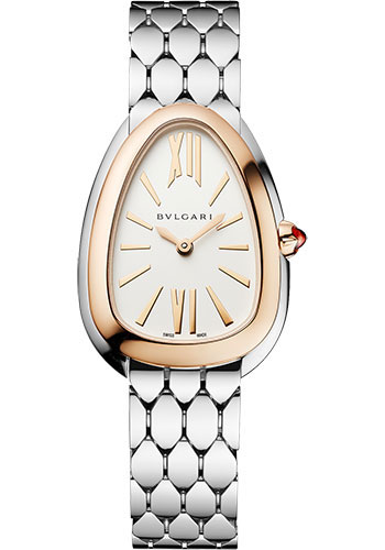 Bvlgari Serpenti Seduttori Watch - 33 mm Stainless Steel Case - Rose Gold Bezel - White Silver Dial - Steel Bracelet