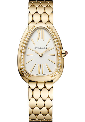 Bvlgari Serpenti Seduttori Watch - 33 mm Yellow Gold Case - Diamond Bezel - White Silver Dial - Yellow Gold Bracelet