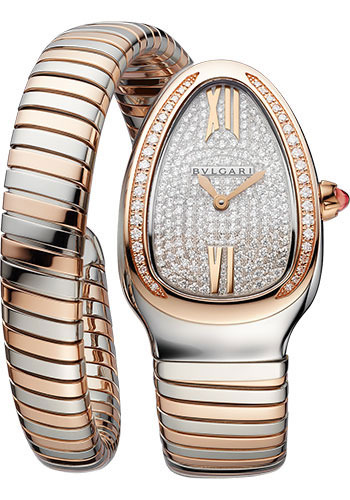 Bvlgari Serpenti Tubogas Watch - 35 mm Stainless Steel Case - Rose Gold Diamond Bezel - Full Pavé Dial - Tubogas Single Spiral Steel And Gold Bracelet
