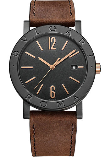 Bvlgari Bvlgari Bvlgari Man Roma Watch - 41 mm Stainless Steel Case - Black Grained Dial - Brown Calf Leather Strap