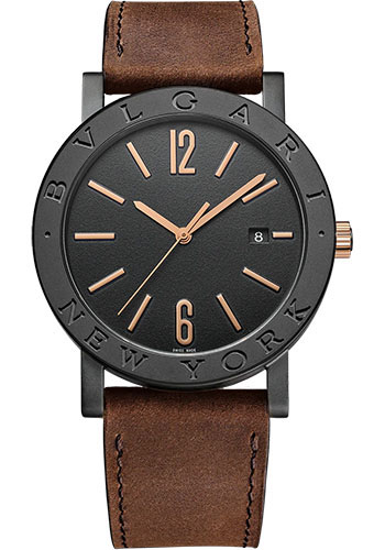 Bvlgari Bvlgari Bvlgari Man New York Watch - 41 mm Stainless Steel Case - Black Grained Dial - Brown Calf Leather Strap
