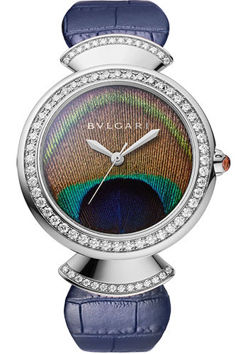 Bvlgari Divas’ Dream Watch - 37 mm White Gold Case - Diamond Bezel - Natural Peacock Feather Dial - Blue Alligator Strap
