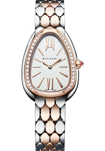 Bvlgari Serpenti Seduttori Watch - 33 mm Stainless Steel Case - Diamond Rose Gold Bezel - White Dial - Steel And Gold Bracelet