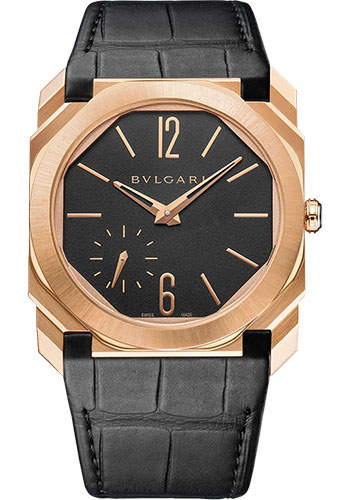 Bvlgari Octo Finissimo Watch - 40 mm Extra-Thin Satin-Polished Rose Gold Case - Black Matte Dial - Black Alligator Strap