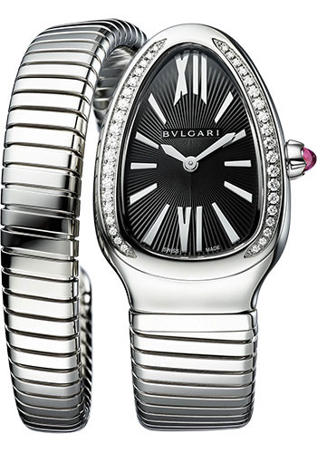 Bvlgari Serpenti Tubogas Watch - 35 mm Stainless Steel Case - Diamond Bezel - Black Dial - Large Single Spiral Steel Bracelet