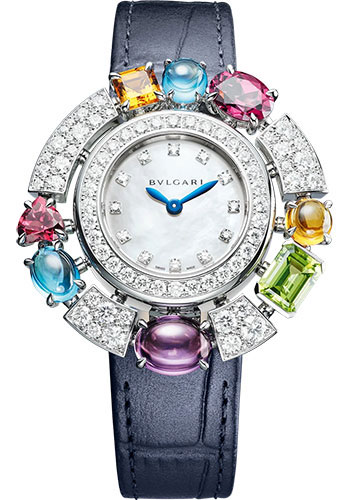 Bvlgari Allegra Watch - 36 mm White Gold Diamond Case - Mother-Of-Pearl Dial - Blue Alligator Strap