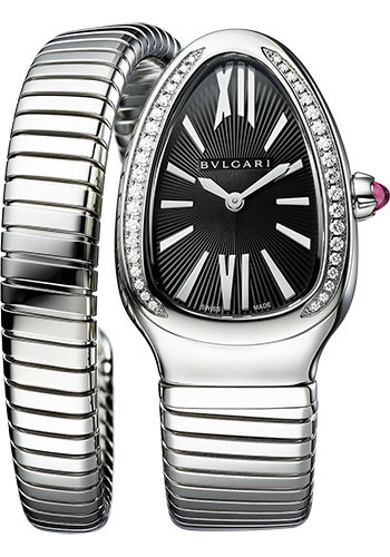 Bvlgari Serpenti Tubogas Watch - 35 mm Stainless Steel Case - Diamond Bezel - Black Dial - Small Single Spiral Steel Bracelet